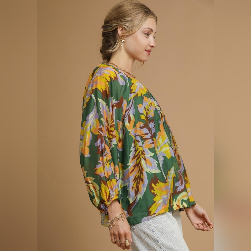Umgee Retro Abstract Shirt Pleated 70s Round Neck Top Long Balloon Sleeve Blouse - Picture 11 of 16